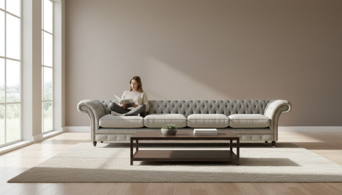 Canapé Chesterfield rembourré gris clair, 4 places, design en textile.