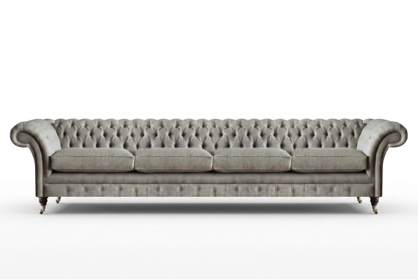 Canapé Chesterfield rembourré gris clair, 4 places, design en textile.