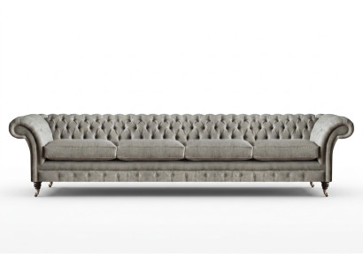 Canapé Chesterfield rembourré gris clair, 4 places, design en textile.