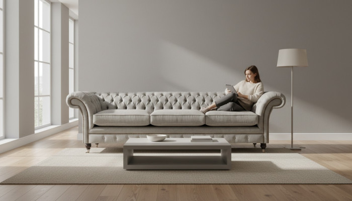 Chesterfield canapé gris trois places, canapé de salon design, canapé designer.