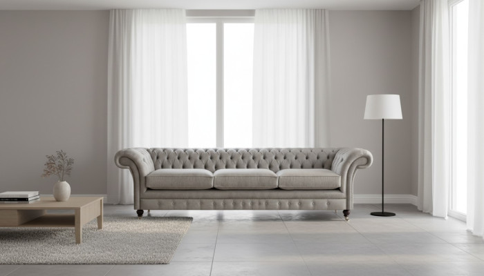 Chesterfield canapé gris trois places, canapé de salon design, canapé designer.