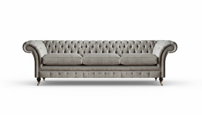 Chesterfield canapé gris trois places, canapé de salon design, canapé designer.