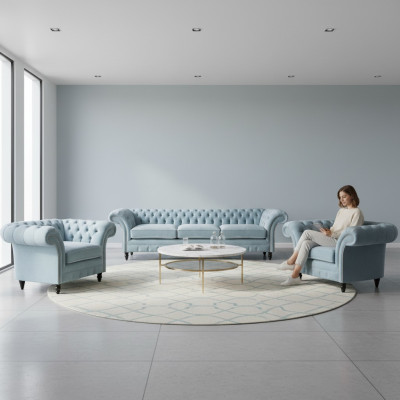 Ensemble de salon Chesterfield en tissu rembourré bleu, canapé 3 places et 2 fauteuils.