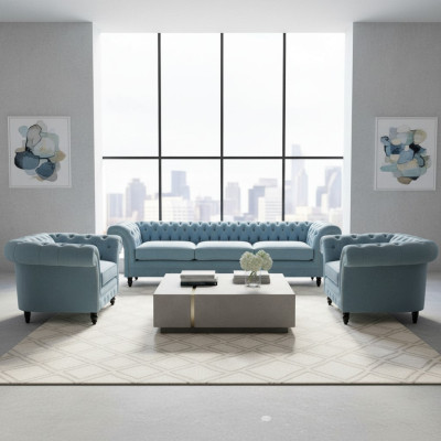 Ensemble de salon Chesterfield en tissu rembourré bleu, canapé 3 places et 2 fauteuils.