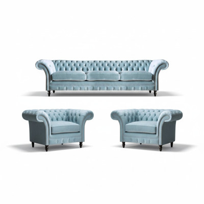 Ensemble de salon Chesterfield en tissu rembourré bleu, canapé 3 places et 2 fauteuils.