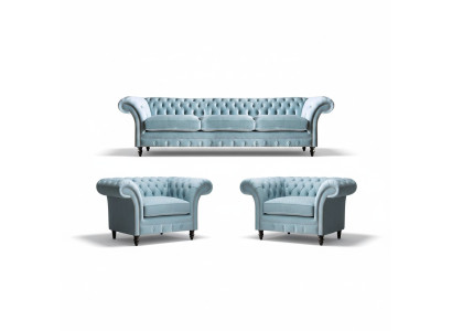Ensemble de salon Chesterfield en tissu rembourré bleu, canapé 3 places et 2 fauteuils.