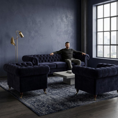 Ensemble Chesterfield bleu composé d'un canapé 3 places et de 2 fauteuils, ensemble 3 pièces.