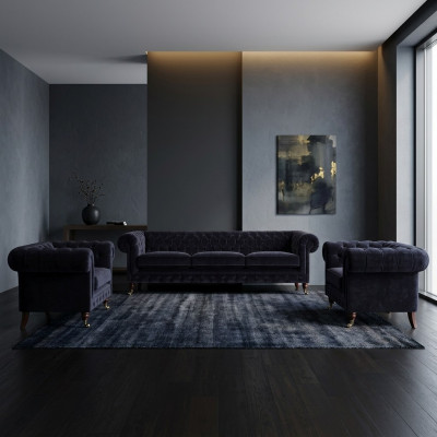 Ensemble Chesterfield bleu composé d'un canapé 3 places et de 2 fauteuils, ensemble 3 pièces.
