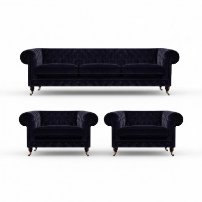 Ensemble Chesterfield bleu composé d'un canapé 3 places et de 2 fauteuils, ensemble 3 pièces.