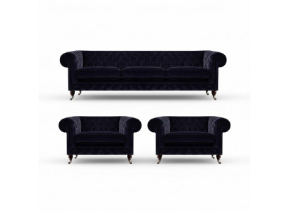 Ensemble Chesterfield bleu composé d'un canapé 3 places et de 2 fauteuils, ensemble 3 pièces.