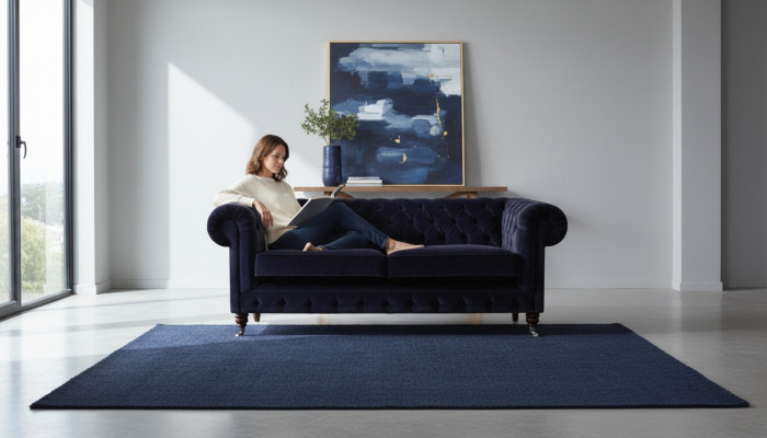 Canapé Chesterfield bleu marine à deux places, élégant canapé en tissu pour le salon.