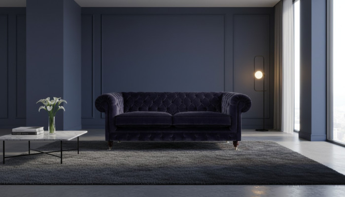 Canapé Chesterfield bleu marine à deux places, élégant canapé en tissu pour le salon.