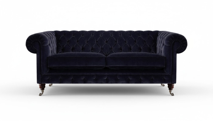 Canapé Chesterfield bleu marine à deux places, élégant canapé en tissu pour le salon.