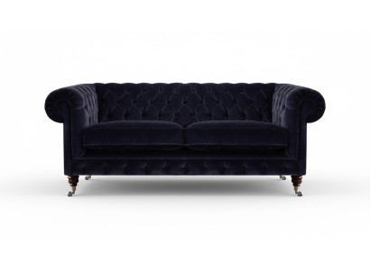 Canapé Chesterfield bleu marine à deux places, élégant canapé en tissu pour le salon.