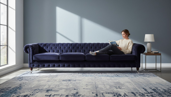 Chesterfield canapé bleu foncé 4 places salon mobilier rembourré