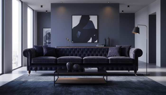 Chesterfield canapé bleu foncé 4 places salon mobilier rembourré