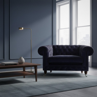Fauteuil Chesterfield bleu foncé salon design siège unique meuble.