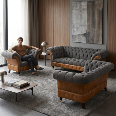 Canapés Chesterfield en tissu gris-brun pour salon, meubles design rembourrés.