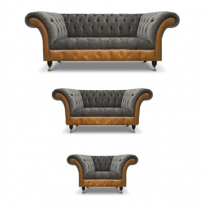 Canapés Chesterfield en tissu gris-brun pour salon, meubles design rembourrés.