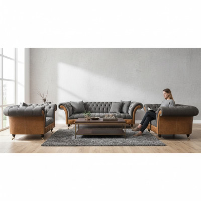 Ensemble de canapés Chesterfield gris-brun en tissu, 3 pièces.