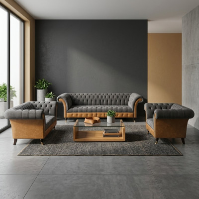 Ensemble de canapés Chesterfield gris-brun en tissu, 3 pièces.