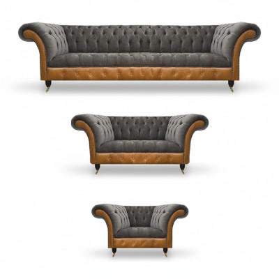 Ensemble de canapés Chesterfield gris-brun en tissu, 3 pièces.