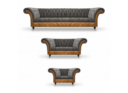 Ensemble de canapés Chesterfield gris-brun en tissu, 3 pièces.