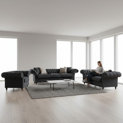 Ensemble de canapés chesterfield gris élégants pour salon, design 3 pièces.
