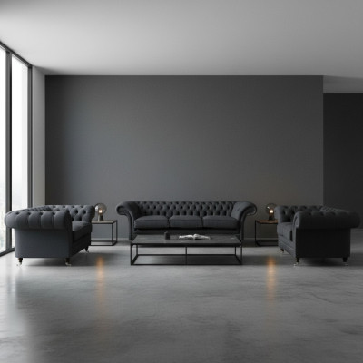 Ensemble de canapés chesterfield gris élégants pour salon, design 3 pièces.