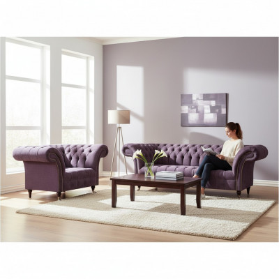 Chesterfield Lila Ensemble de Salon Canapé Élégant 3 Places Tissu Fauteuil