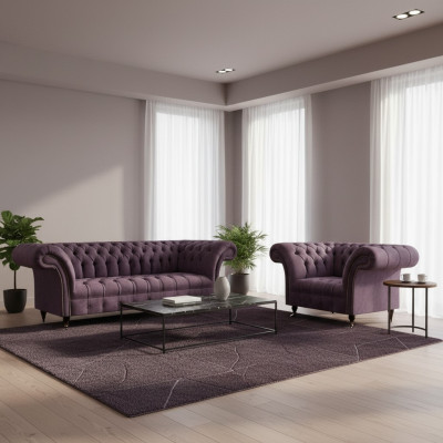 Chesterfield Lila Ensemble de Salon Canapé Élégant 3 Places Tissu Fauteuil