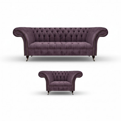 Chesterfield Lila Ensemble de Salon Canapé Élégant 3 Places Tissu Fauteuil