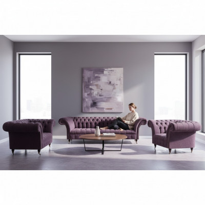 Chesterfield Lila Canapés en tissu Design Ensembles de salon 3 pièces