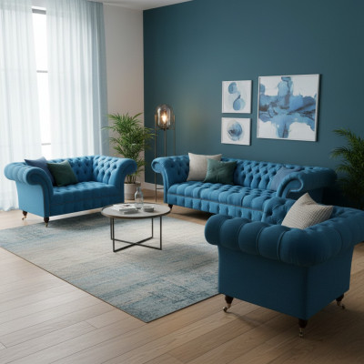 Chesterfield canapé 3 places bleu clair mobilier de designer élégant ensemble 3 pièces
