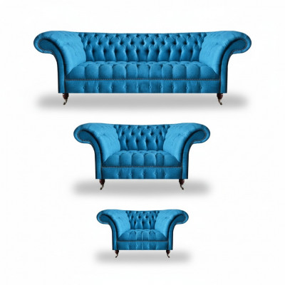 Chesterfield canapé 3 places bleu clair mobilier de designer élégant ensemble 3 pièces
