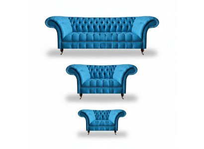 Chesterfield canapé 3 places bleu clair mobilier de designer élégant ensemble 3 pièces