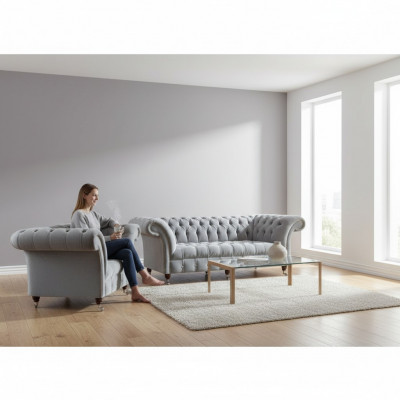 Ensemble de canapé Chesterfield gris clair Designer 2x canapés en tissu 2 pièces