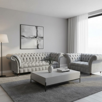 Ensemble de canapé Chesterfield gris clair Designer 2x canapés en tissu 2 pièces