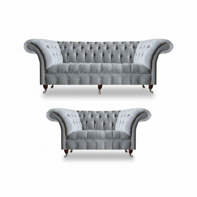 Ensemble de canapé Chesterfield gris clair Designer 2x canapés en tissu 2 pièces