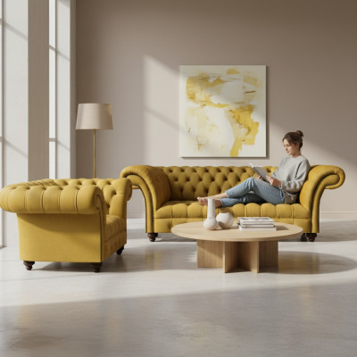 Salle de séjour design moderne jaune ensemble de canapés 2x canapés Chesterfield.