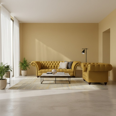 Salle de séjour design moderne jaune ensemble de canapés 2x canapés Chesterfield.