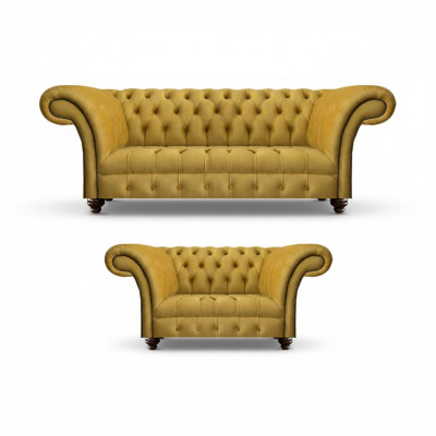 Salle de séjour design moderne jaune ensemble de canapés 2x canapés Chesterfield.