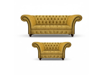 Salle de séjour design moderne jaune ensemble de canapés 2x canapés Chesterfield.
