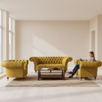 Ensemble de fauteuils design Chesterfield jaune, canapé trois places et fauteuils élégants 3 pièces.