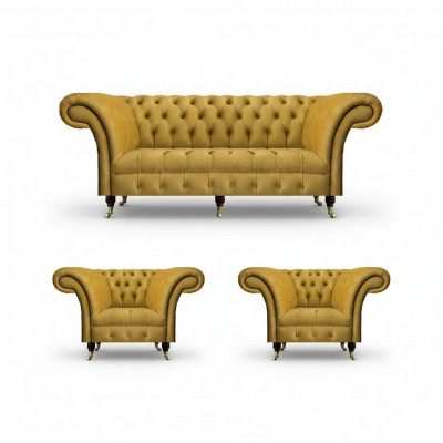 Ensemble de fauteuils design Chesterfield jaune, canapé trois places et fauteuils élégants 3 pièces.