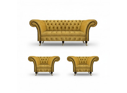 Ensemble de fauteuils design Chesterfield jaune, canapé trois places et fauteuils élégants 3 pièces.