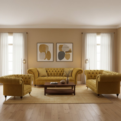 Élégant canapé Chesterfield jaune, ensemble de meubles rembourrés en tissu, set de 3 pièces.
