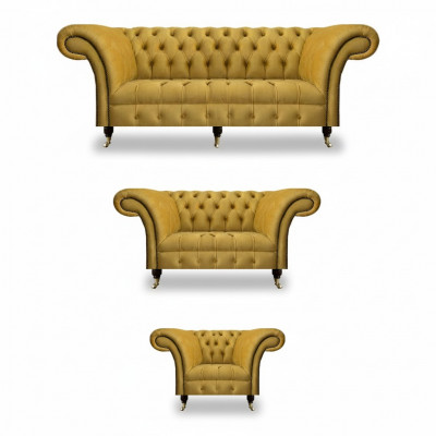 Élégant canapé Chesterfield jaune, ensemble de meubles rembourrés en tissu, set de 3 pièces.