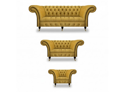 Élégant canapé Chesterfield jaune, ensemble de meubles rembourrés en tissu, set de 3 pièces.