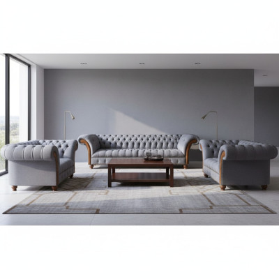 Chesterfield Ensemble de Canapés Rembourrés Gris Clair Tissu Designer 3 pièces